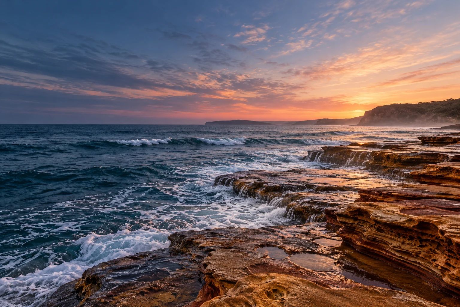 AI-created interpretation of Bouddi-inspired sandstone shelves and Central Coast dawn