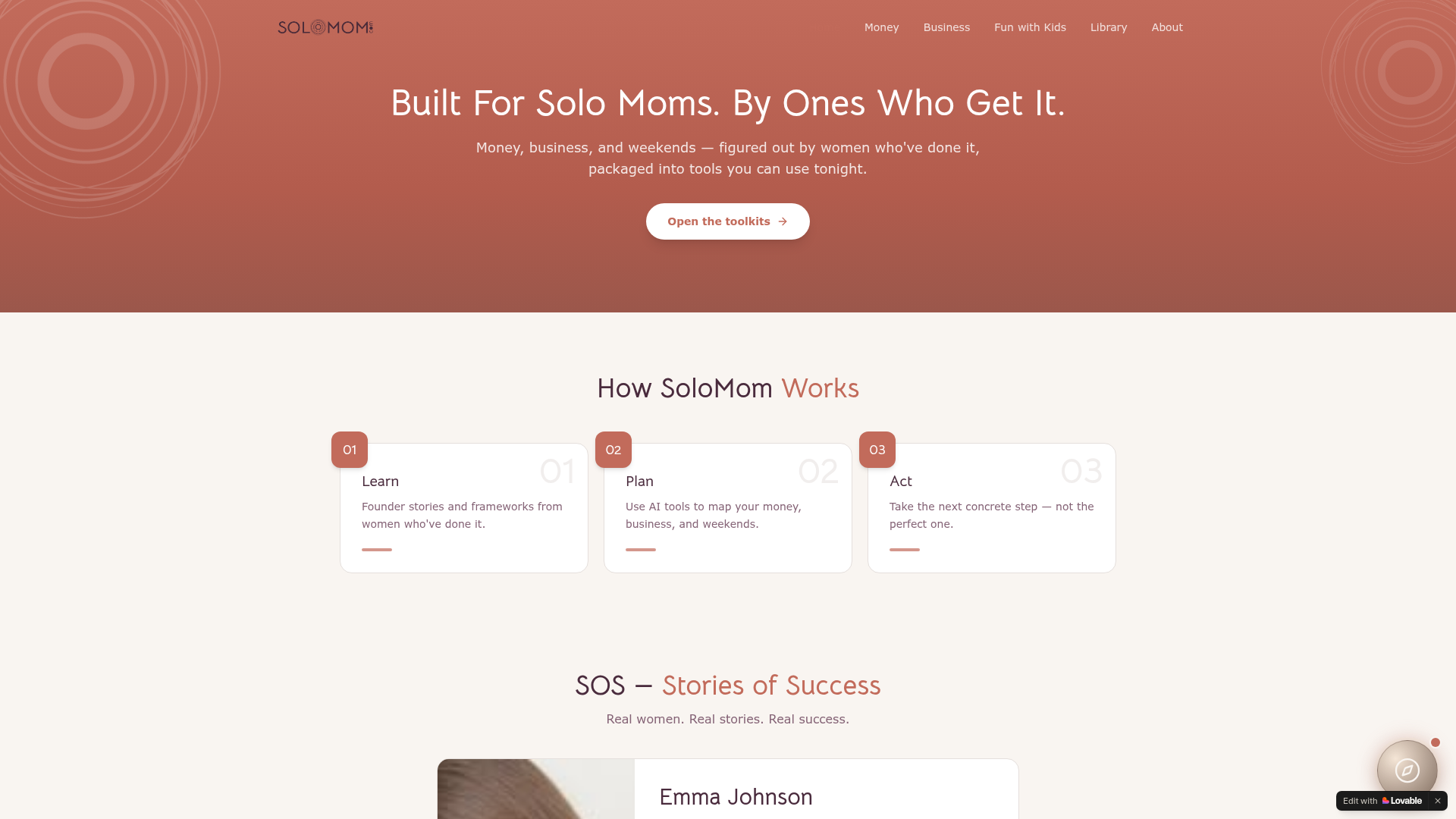 solomom.com, Tools, stories and AI-powered toolkits for solo mums, money, business and weekends, by ones who get it.